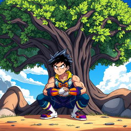 A cartoon scene in the popular 'My Hero Academia' style, featuring a muscular young man squatting under a large, stylized tree