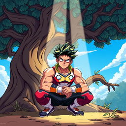 A cartoon scene in the popular 'My Hero Academia' style, featuring a muscular young man squatting under a large, stylized tree