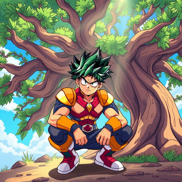 A cartoon scene in the popular 'My Hero Academia' style, featuring a muscular young man squatting under a large, stylized tree