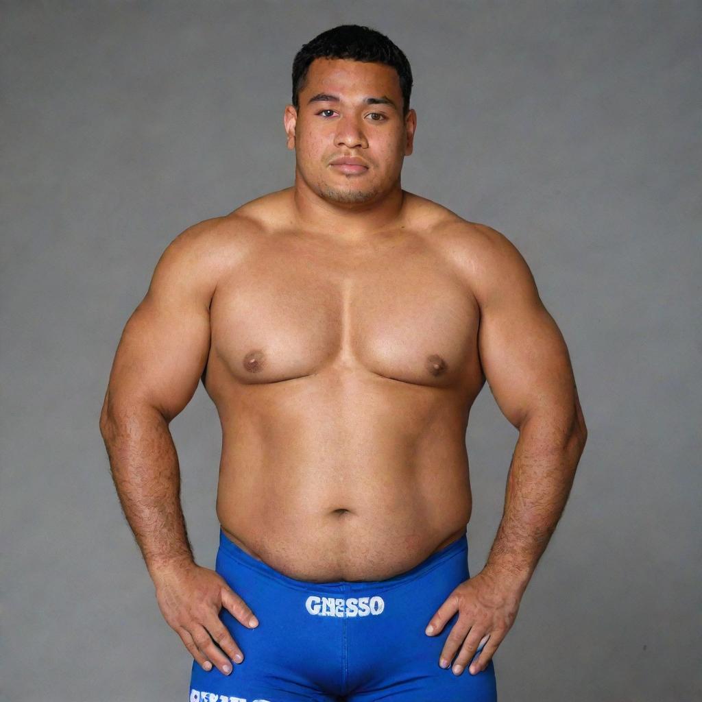 A robust 140-pound Samoan wrestler wearing a singlet with the name 'Geneseo' emblazoned on the front