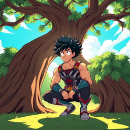 A cartoon scene in the 'My Hero Academia' style featuring a muscular young man squatting under a large, stylized tree