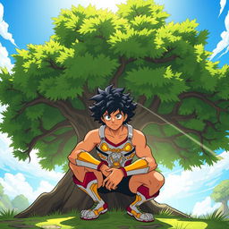 A cartoon scene in the 'My Hero Academia' style featuring a muscular young man squatting under a large, stylized tree