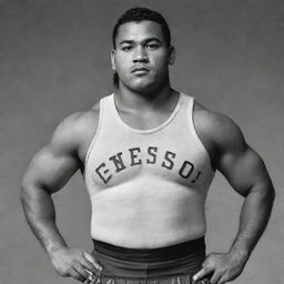 A robust 140-pound Samoan wrestler wearing a singlet with the name 'Geneseo' emblazoned on the front