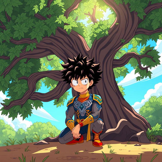 A cartoon scene in the 'My Hero Academia' style featuring a muscular young man squatting under a large, stylized tree