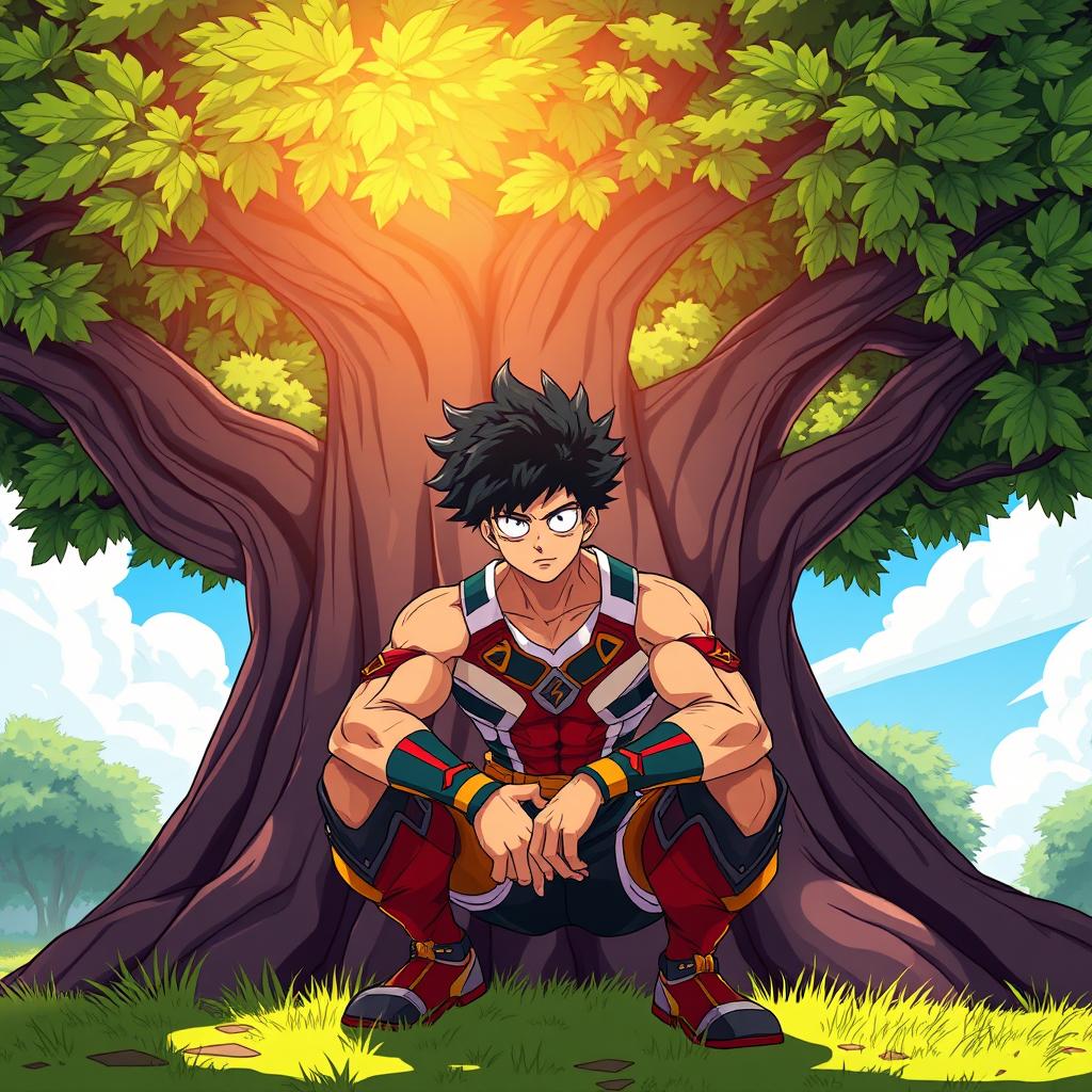 A cartoon scene in the 'My Hero Academia' style featuring a muscular young man squatting under a large, stylized tree