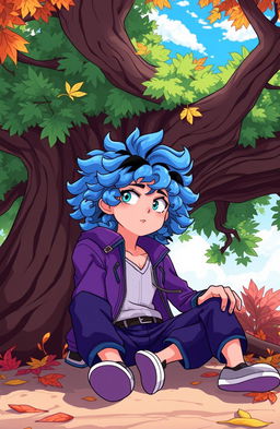 A cartoon character inspired by My Hero Academia style, featuring a man sitting under a large tree