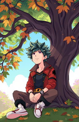 A cartoon character inspired by My Hero Academia style, featuring a man sitting under a large tree