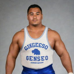 A robust 140-pound Samoan wrestler wearing a singlet with the name 'Geneseo' emblazoned on the front