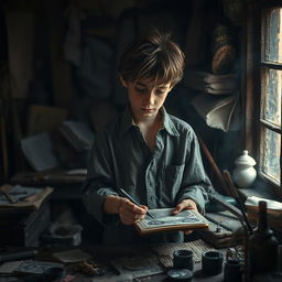 A young orphan boy, with a determined look, standing in a dimly lit workshop surrounded by various tools and materials for forgery