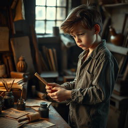 A young orphan boy, with a determined look, standing in a dimly lit workshop surrounded by various tools and materials for forgery