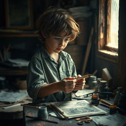 A young orphan boy, with a determined look, standing in a dimly lit workshop surrounded by various tools and materials for forgery