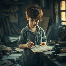 A young orphan boy, with a determined look, standing in a dimly lit workshop surrounded by various tools and materials for forgery