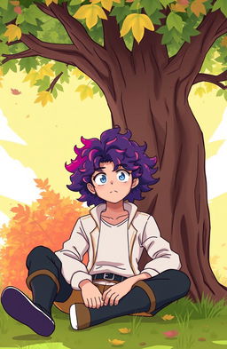 A cartoon character inspired by My Hero Academia style, featuring a man sitting under a large tree