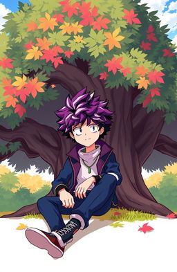 A cartoon character inspired by My Hero Academia style, featuring a man sitting under a large tree