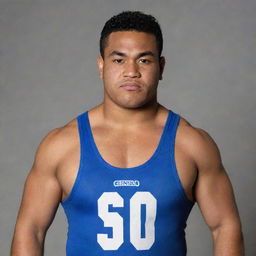 A robust 140-pound Samoan wrestler wearing a singlet with the name 'Geneseo' emblazoned on the front