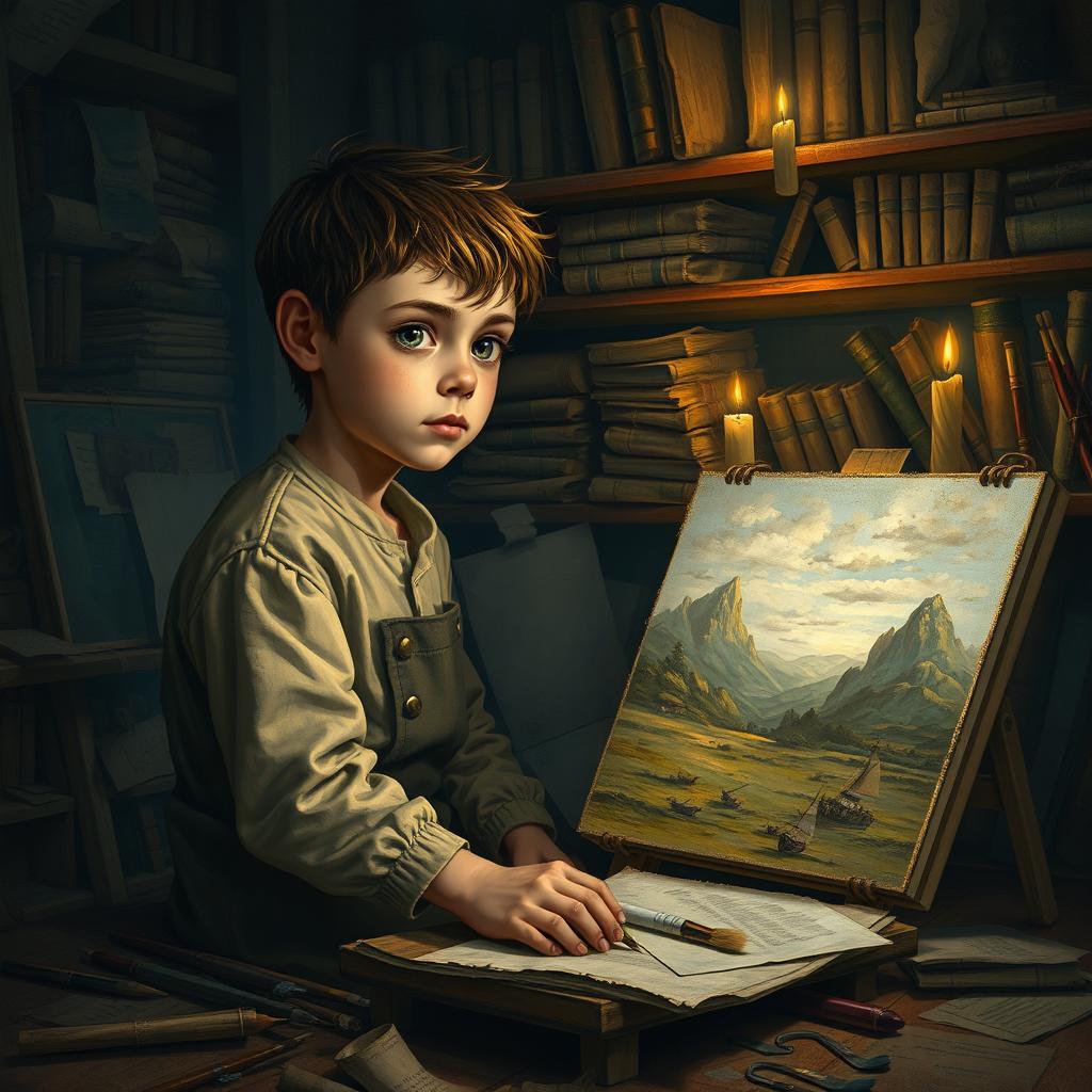 A young orphan boy with a determined expression, sitting in a dimly lit room filled with art supplies and various aged documents