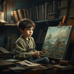 A young orphan boy with a determined expression, sitting in a dimly lit room filled with art supplies and various aged documents