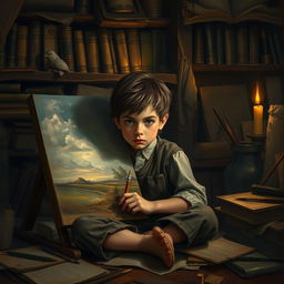 A young orphan boy with a determined expression, sitting in a dimly lit room filled with art supplies and various aged documents