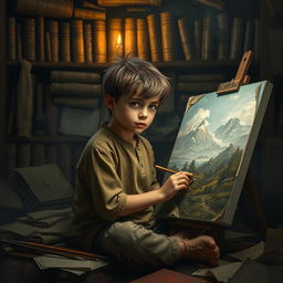 A young orphan boy with a determined expression, sitting in a dimly lit room filled with art supplies and various aged documents