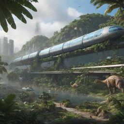 Update the image of Isla Nublar to include the Innovation Center – a grand, modern structure nestled amidst lush greenery and roaming dinosaurs, with a futuristic monorail nearby.