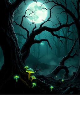 A spooky forest scene depicting eerie shadows and twisted trees under a moonlit sky