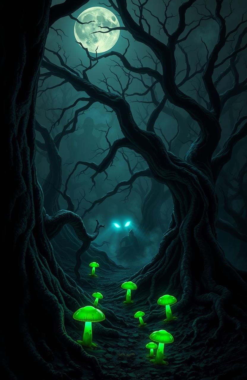 A spooky forest scene depicting eerie shadows and twisted trees under a moonlit sky