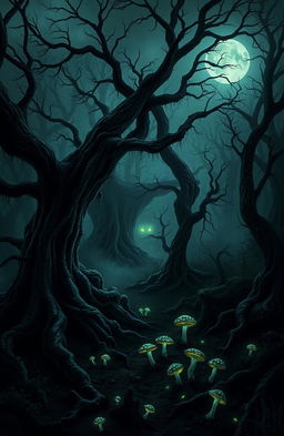 A spooky forest scene depicting eerie shadows and twisted trees under a moonlit sky