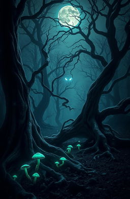 A spooky forest scene depicting eerie shadows and twisted trees under a moonlit sky