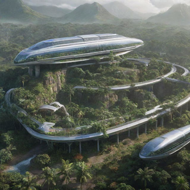 Update the image of Isla Nublar to include the Innovation Center – a grand, modern structure nestled amidst lush greenery and roaming dinosaurs, with a futuristic monorail nearby.