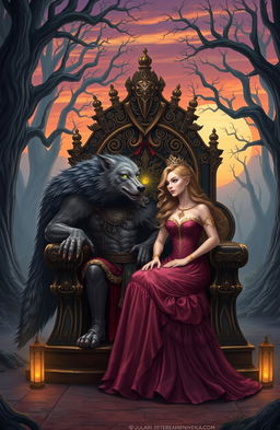 A fantasy realm where a clan of werewolves resides, featuring a majestic werewolf king sitting on a grand throne, adorned with intricate patterns and symbols of power