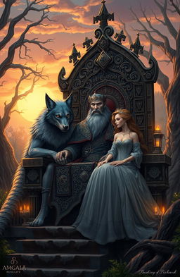 A fantasy realm where a clan of werewolves resides, featuring a majestic werewolf king sitting on a grand throne, adorned with intricate patterns and symbols of power