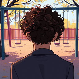 A 2D illustrated book cover featuring a man with curly hair who does not show his face, evoking a sense of sadness and reflection