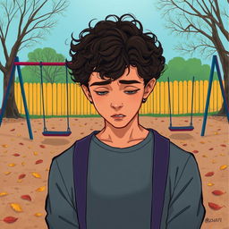 A 2D illustrated book cover featuring a man with curly hair who does not show his face, evoking a sense of sadness and reflection