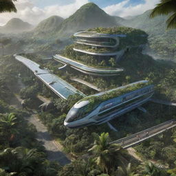 Update the image of Isla Nublar to include the Innovation Center – a grand, modern structure nestled amidst lush greenery and roaming dinosaurs, with a futuristic monorail nearby.