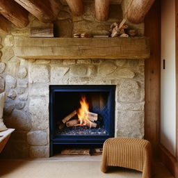 A cozy small seat positioned towards a warm, crackling fireplace in a rustic home interior