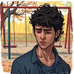 A 2D illustrated book cover featuring a man with curly hair who does not show his face, evoking a sense of sadness and reflection