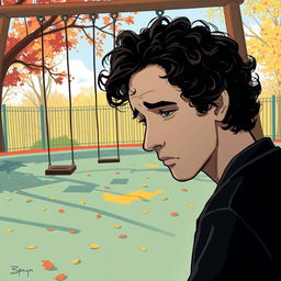 A 2D illustrated book cover featuring a man with curly hair who does not show his face, evoking a sense of sadness and reflection