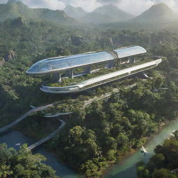 Update the image of Isla Nublar to include the Innovation Center – a grand, modern structure nestled amidst lush greenery and roaming dinosaurs, with a futuristic monorail nearby.