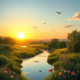 A serene sunset scene depicting a lush green landscape with a tranquil river flowing through it, symbolizing the anticipation of happy times to come