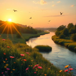 A serene sunset scene depicting a lush green landscape with a tranquil river flowing through it, symbolizing the anticipation of happy times to come