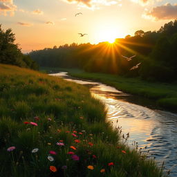 A serene sunset scene depicting a lush green landscape with a tranquil river flowing through it, symbolizing the anticipation of happy times to come