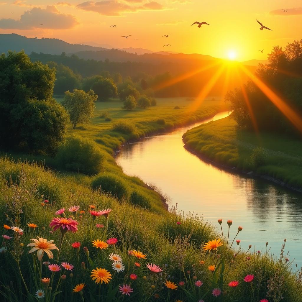 A serene sunset scene depicting a lush green landscape with a tranquil river flowing through it, symbolizing the anticipation of happy times to come