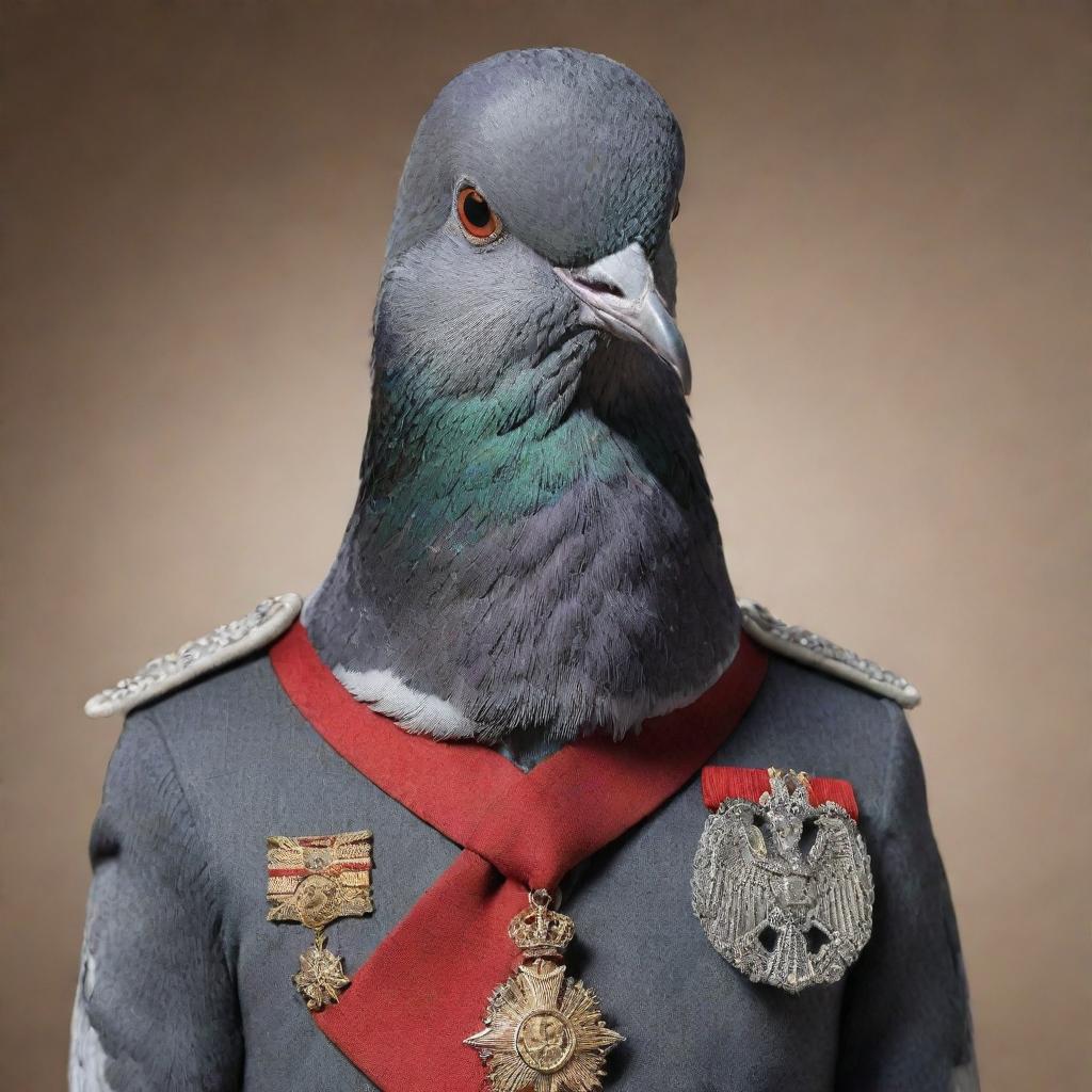 A pigeon portrayed as a stern dictator, dressed in a militaristic uniform, complete with medals of honour, looking intensely with an air of total authority.