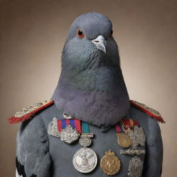 A pigeon portrayed as a stern dictator, dressed in a militaristic uniform, complete with medals of honour, looking intensely with an air of total authority.