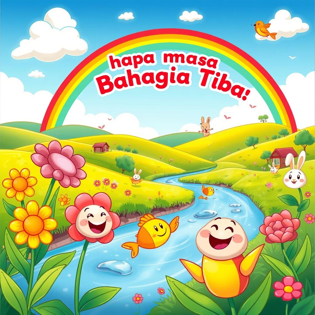 A whimsical cartoon scene depicting a joyful landscape filled with vivid colors and cheerful elements, representing the theme 'Sampai Masa Bahagia Tiba'