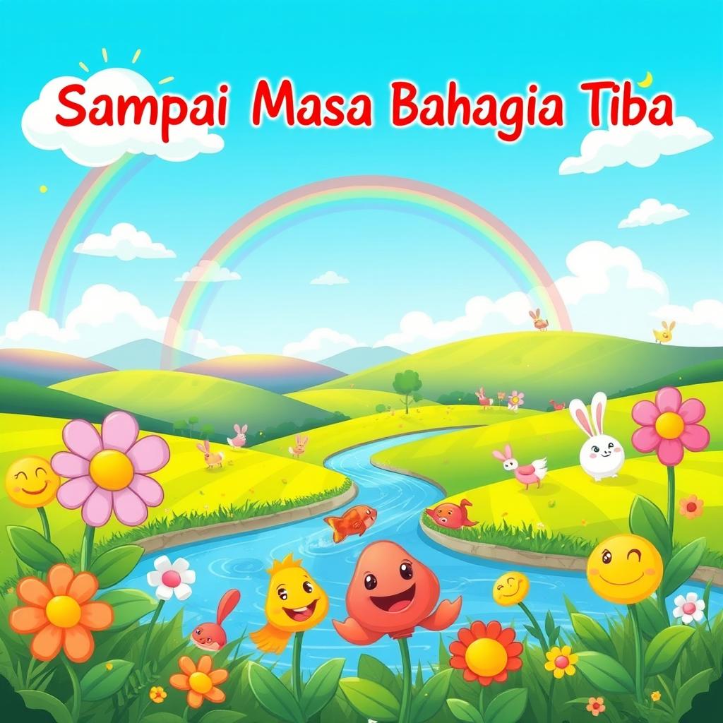 A whimsical cartoon scene depicting a joyful landscape filled with vivid colors and cheerful elements, representing the theme 'Sampai Masa Bahagia Tiba'