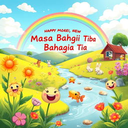 A whimsical cartoon scene depicting a joyful landscape filled with vivid colors and cheerful elements, representing the theme 'Sampai Masa Bahagia Tiba'