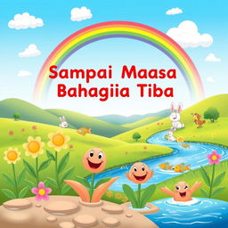 A whimsical cartoon scene depicting a joyful landscape filled with vivid colors and cheerful elements, representing the theme 'Sampai Masa Bahagia Tiba'