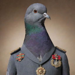 A pigeon portrayed as a stern dictator, dressed in a militaristic uniform, complete with medals of honour, looking intensely with an air of total authority.