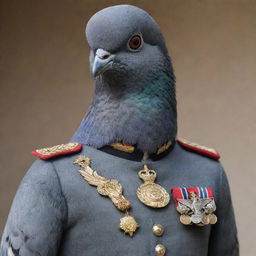 A pigeon portrayed as a stern dictator, dressed in a militaristic uniform, complete with medals of honour, looking intensely with an air of total authority.